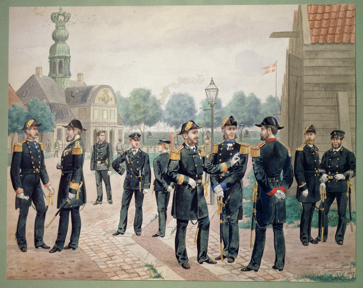 Oficerowie duńskiej marynarki wojennej w Akademii. Akwarela Gustava Brocka autorstwa Gustave Brock