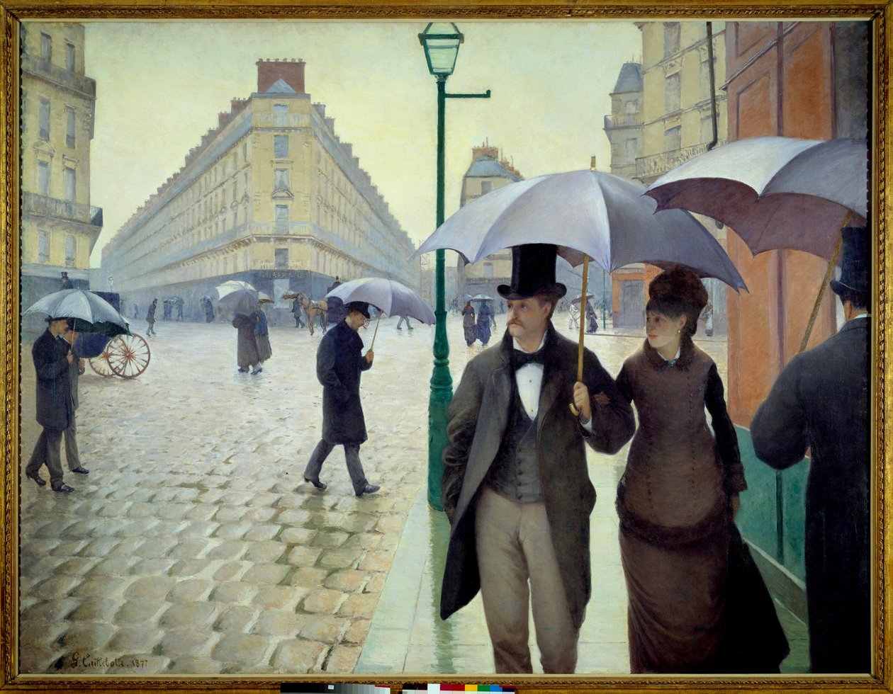 Ulica w Paryżu podczas deszczowej pogody w 1877 roku autorstwa Gustave Caillebotte