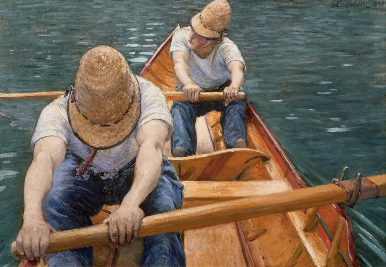 Żeglarze wiosłujący po Yerres, 1877 r autorstwa Gustave Caillebotte