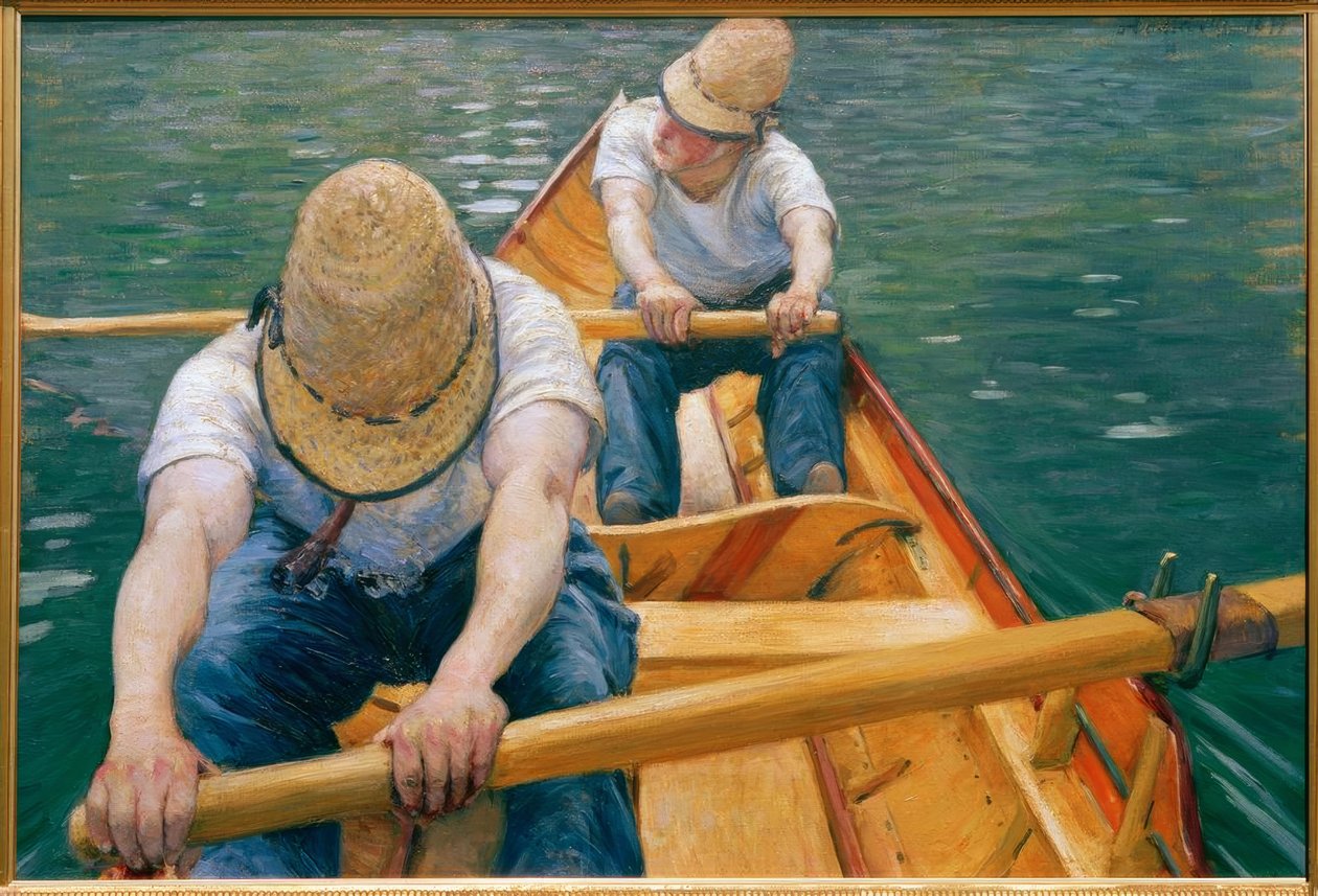 Kajakarze wiosłujący po Yerres autorstwa Gustave Caillebotte