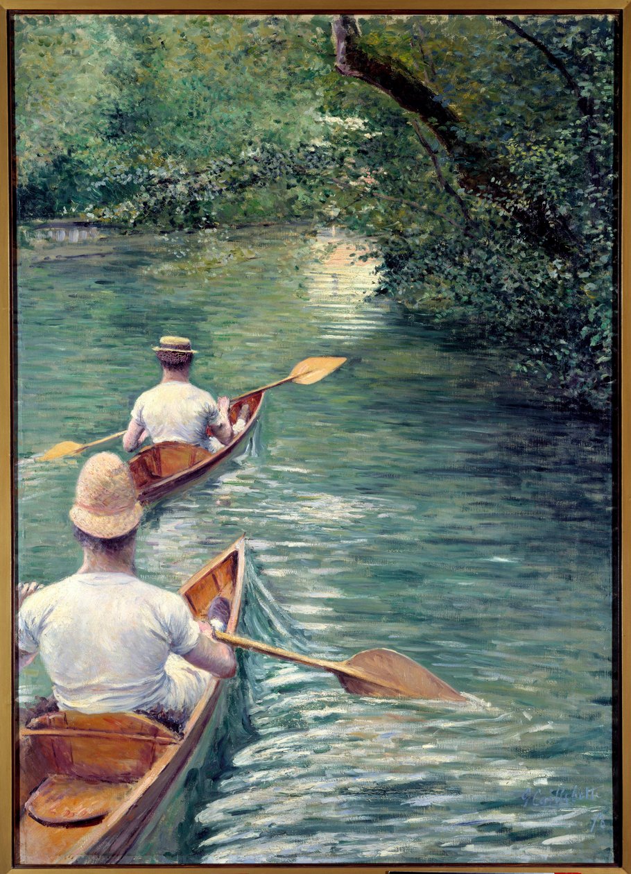 Perissoires. Para spacerująca w wodzie w perissoires, rodzaj kajaka (kajaki). (Element zestawu dekoracyjnego: tryptyk zaprojektowany z La Peche a la Ligne i Les Baigneurs). Obraz Gustave Caillebotte (1848-1894) autorstwa Gustave Caillebotte