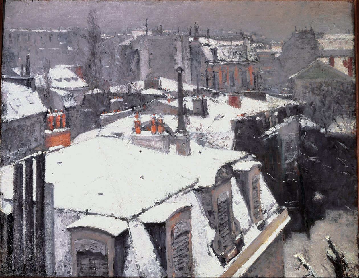 Widok dachów (efekt śniegu) - olej na płótnie autorstwa Gustave Caillebotte