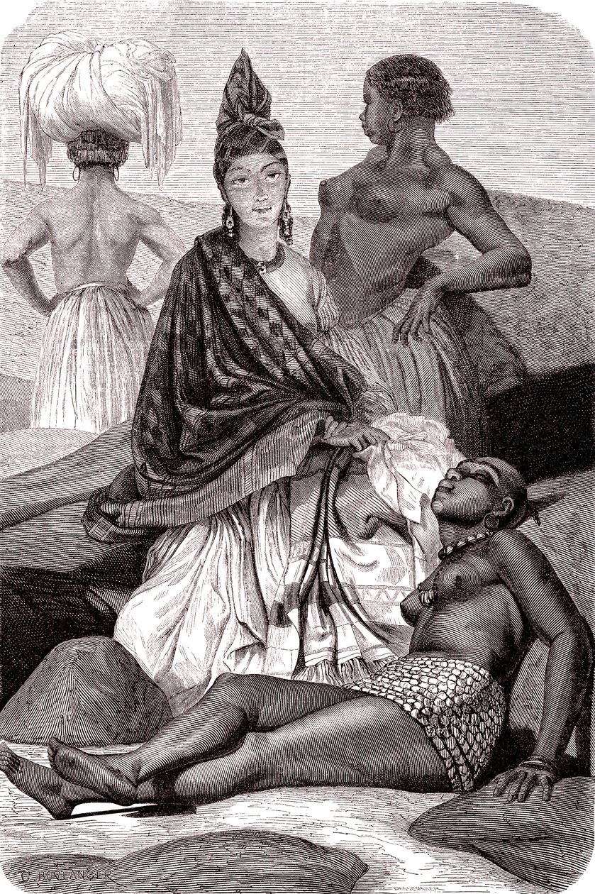 Signare, mulatka-francuska Afrykanka na wyspie Goree w Senegalu. 1861 (grawerowanie) autorstwa Gustave Clarence Rodolphe Boulanger