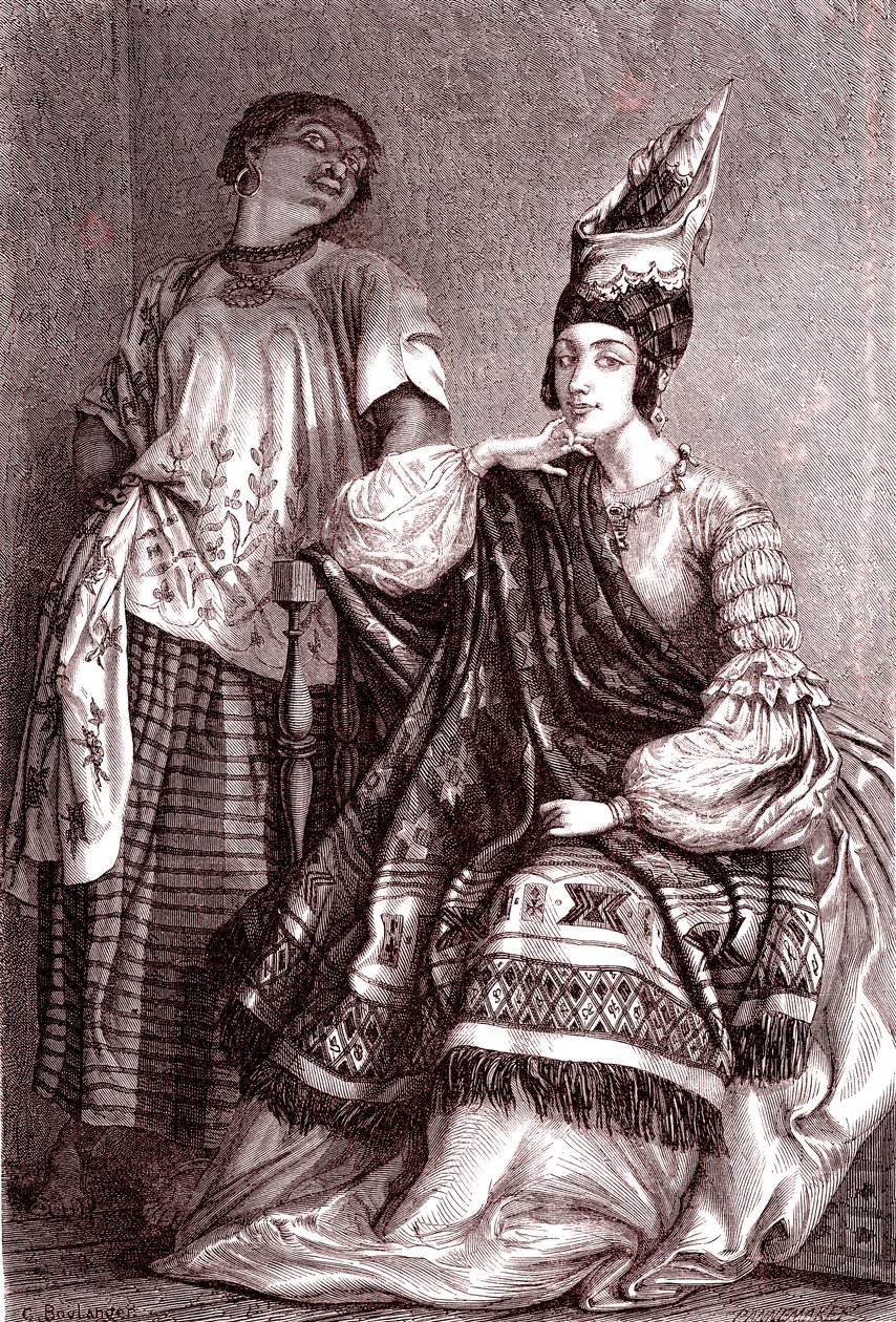 Signare, mulatko-francuskie afrykańskie kobiety w mieście Saint Louis w Senegalu. 1861 (grawerowanie) autorstwa Gustave Clarence Rodolphe Boulanger