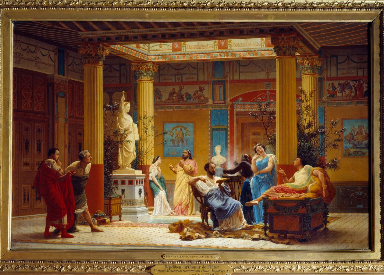Powtórka „Gracza na flecie...” i „La Femme de Diomede”” w atrium Maison Pompeienne w Paryżu przez księcia Napoleona w 1860 roku. Obraz Gustave
