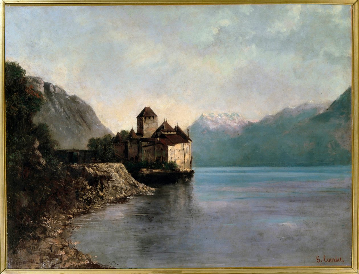 Zamek nad brzegiem jeziora Leman w Szwajcarii. Widok na zamek Chillon. (olej na płótnie autorstwa Gustave Courbet