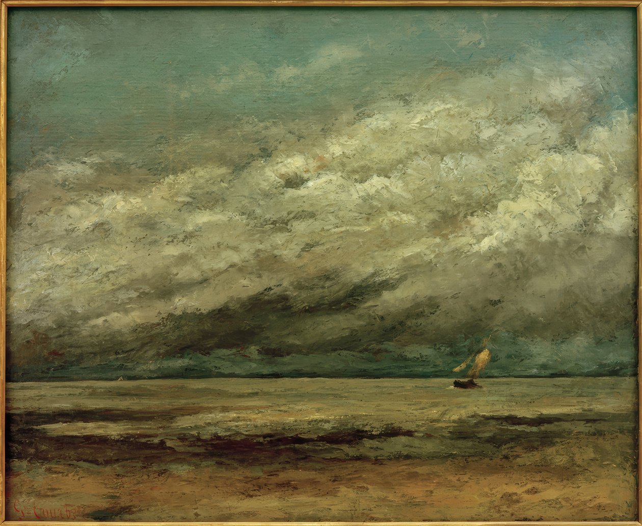 Żaglówka w pobliżu wybrzeża, burzowe niebo autorstwa Gustave Courbet