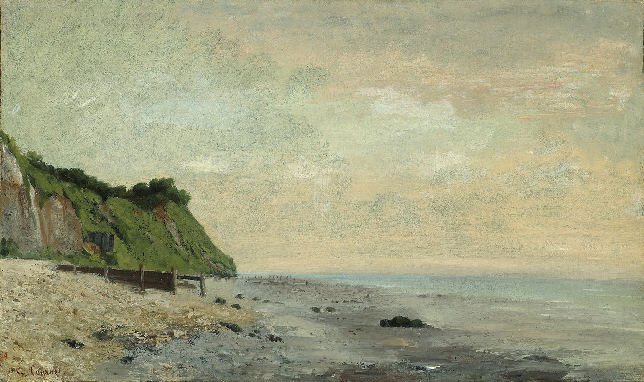 Klify na wybrzeżu morza: mała plaża, wschód słońca autorstwa Gustave Courbet