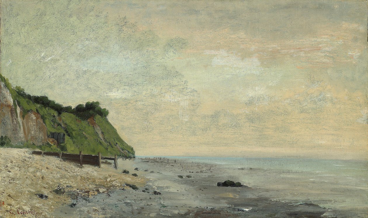 Klify na wybrzeżu morza: mała plaża, wschód słońca autorstwa Gustave Courbet