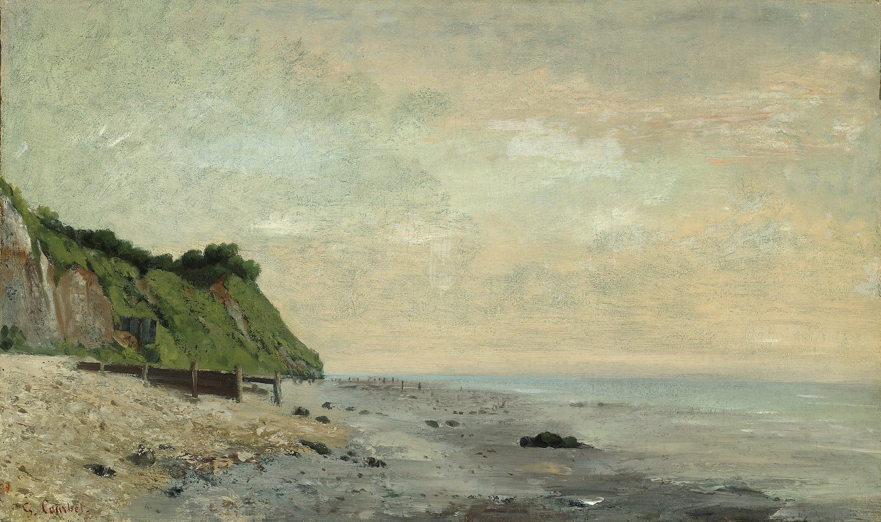 Klify na wybrzeżu morskim: mała plaża, klif o wschodzie słońca na wybrzeżu morskim, widziana mała plaża... autorstwa Gustave Courbet