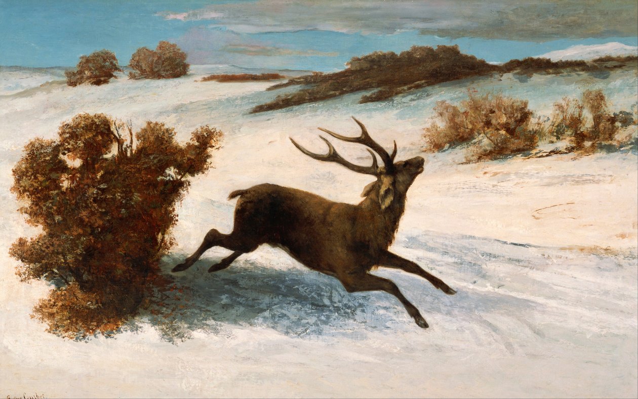 Jeleń biegający po śniegu autorstwa Gustave Courbet