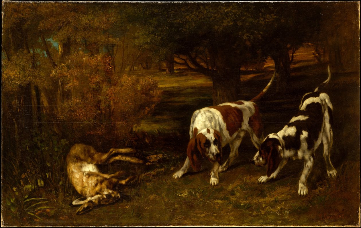 Psy myśliwskie z martwym zającem autorstwa Gustave Courbet