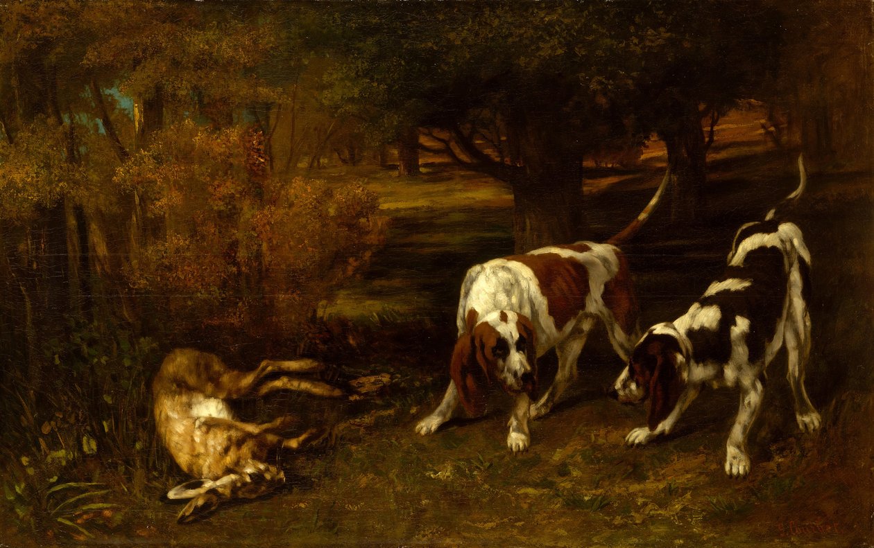 Psy myśliwskie z martwym zającem, 1857. autorstwa Gustave Courbet