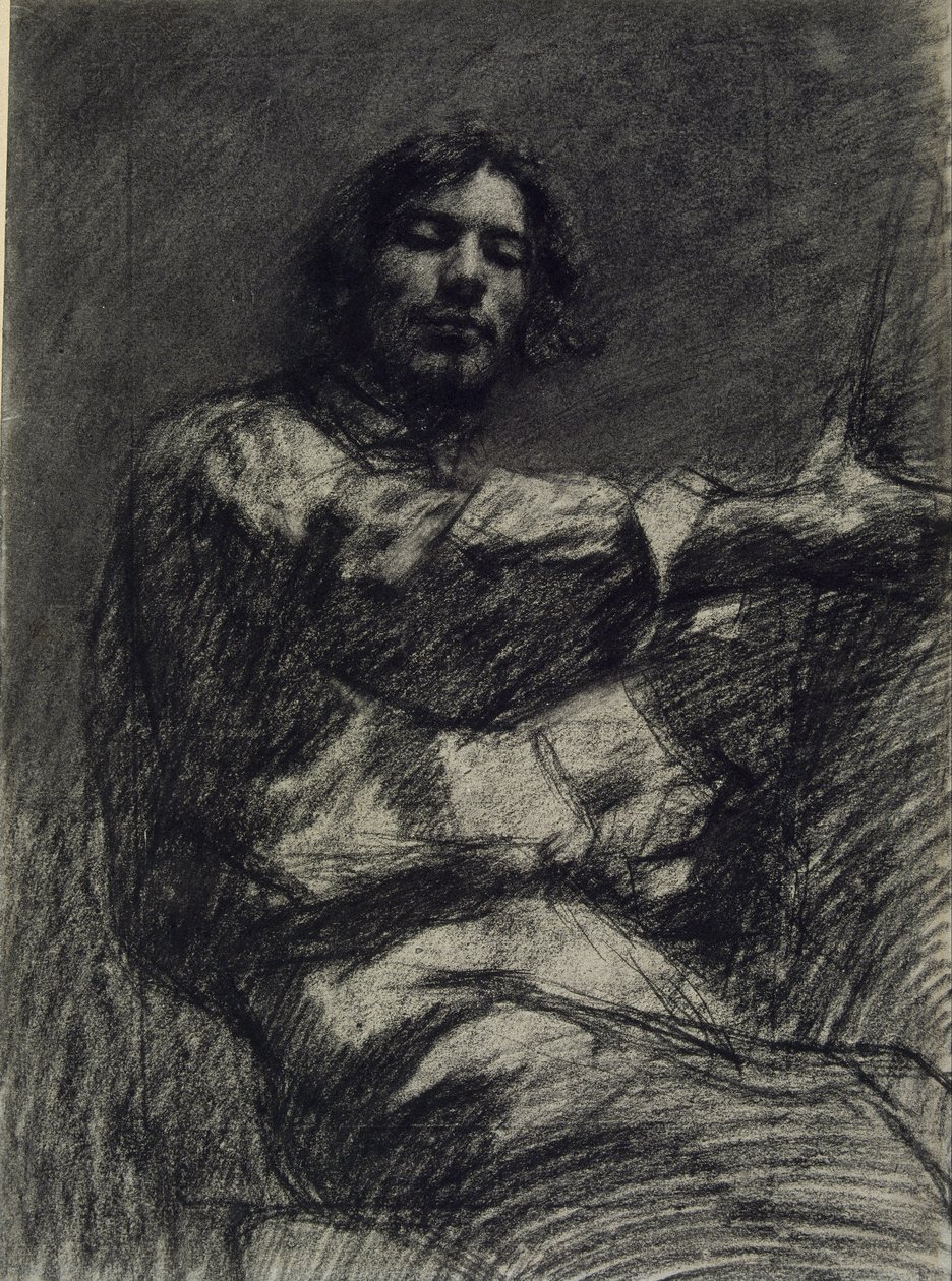 Młody mężczyzna w pozycji siedzącej, studium. Autoportret przy sztaludze autorstwa Gustave Courbet