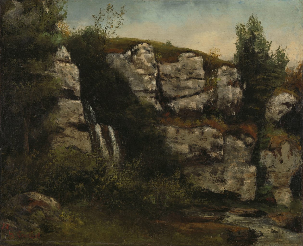 Krajobraz ze skalistymi klifami i wodospadem autorstwa Gustave Courbet