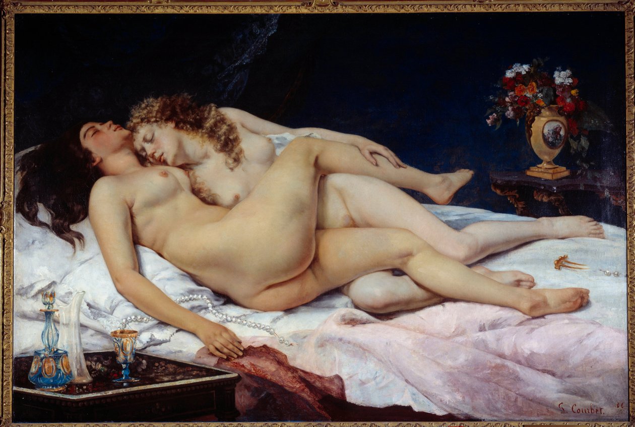 Spać. Dwie nagie kobiety przytulone w łóżku autorstwa Gustave Courbet