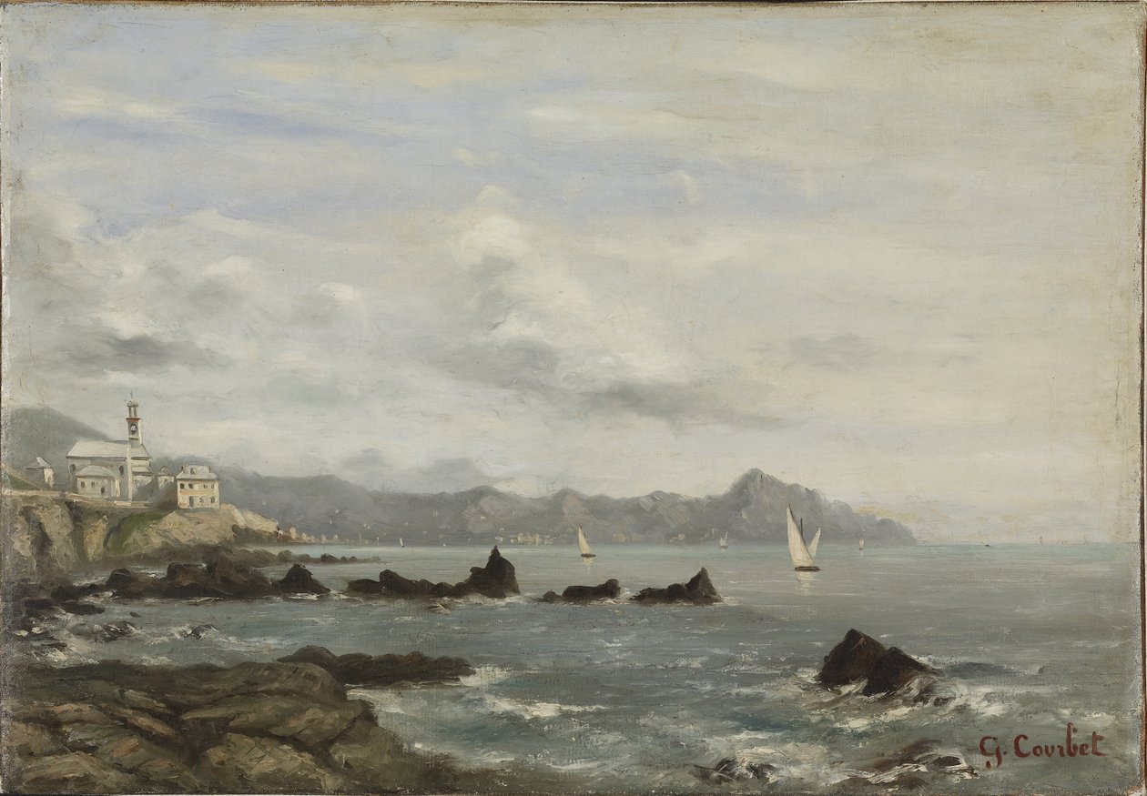 Widok na kościół w Boccadasse w Genui i przylądek Portofino autorstwa Gustave Courbet