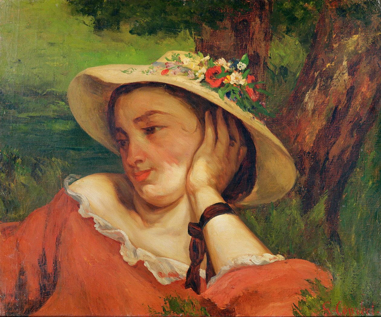 Kobieta w słomianym kapeluszu z kwiatami, ok. 1857 autorstwa Gustave Courbet