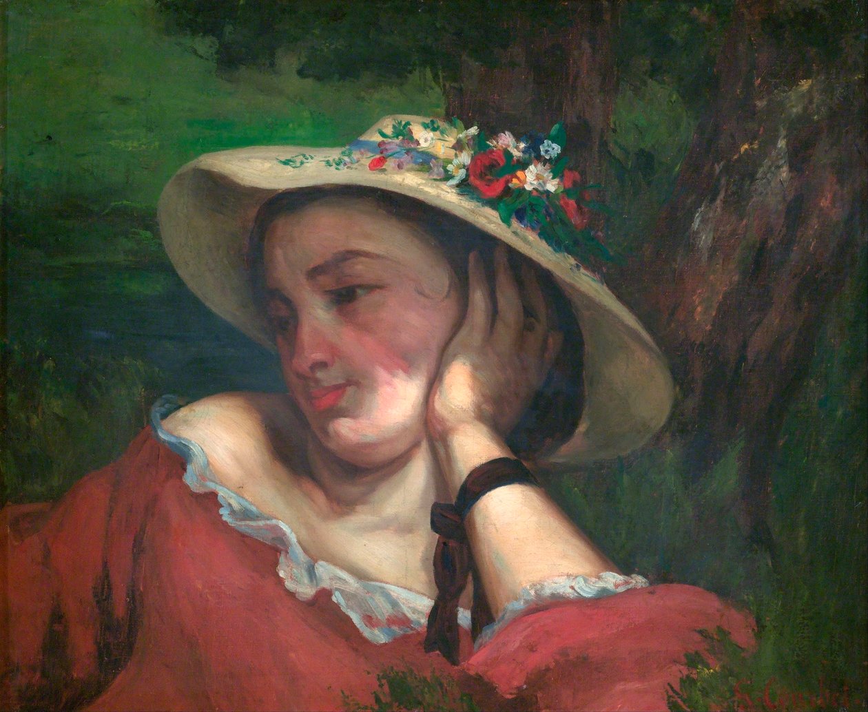 Kobieta z kwiatami na kapeluszu - Courbet, Gustave (1819-1877) - 1857 - Olej na płótnie - Galeria Narodowa, Praga autorstwa Gustave Courbet