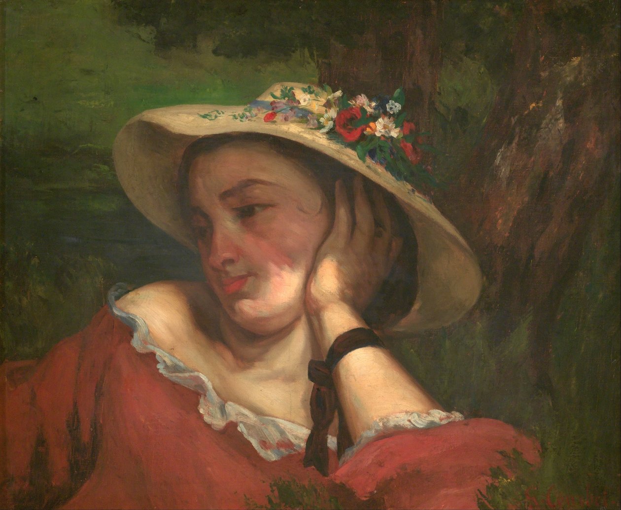 Panienki nad brzegiem Sekwany – fragment obrazu (Kobieta z kwiatami na kapeluszu) autorstwa Gustave Courbet