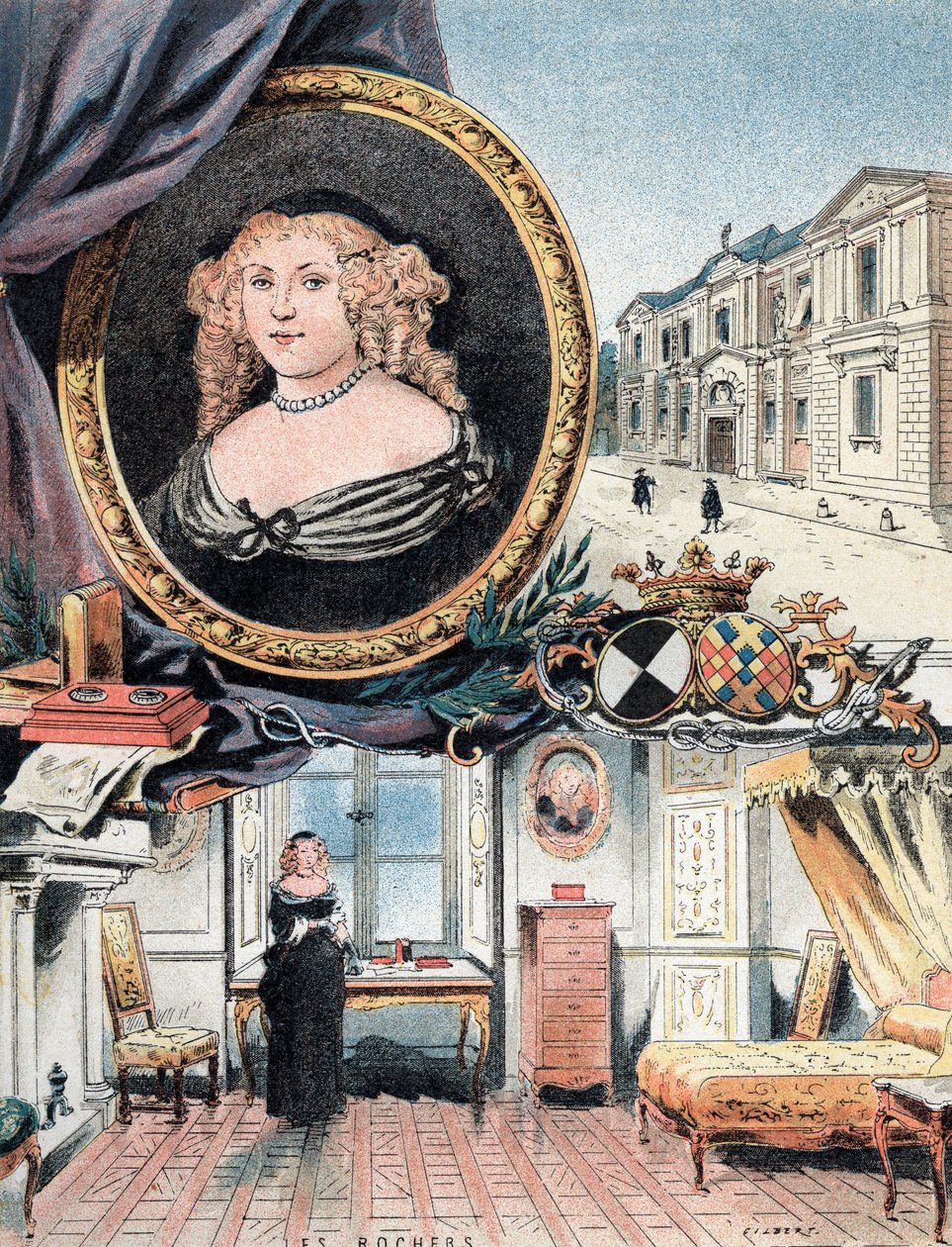 Portret markizy Sevigne, wraz z Chateau des Rochers i hotelem Carnavalet autorstwa Gustave Demoulin