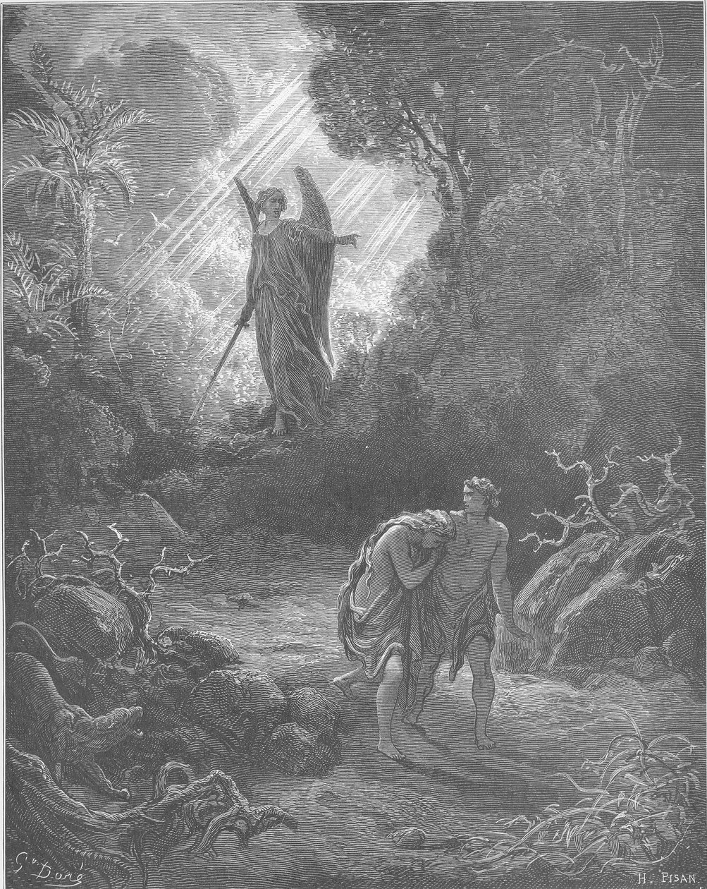 Adam i Ewa zostają wypędzeni z Edenu (Rdz 3:1-6,13-24) autorstwa Gustave Dore