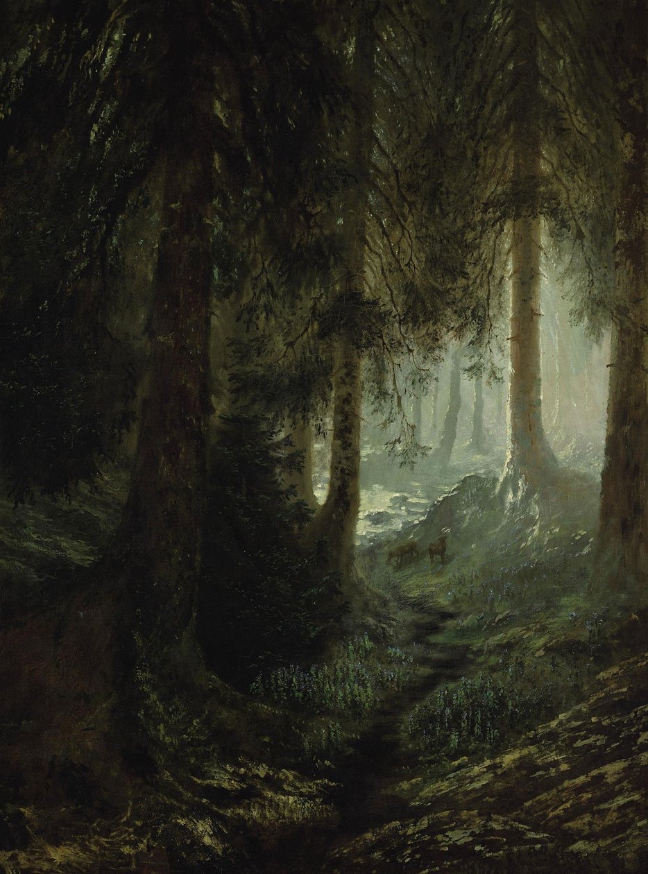 Jeleń w leśnym krajobrazie autorstwa Gustave Dore