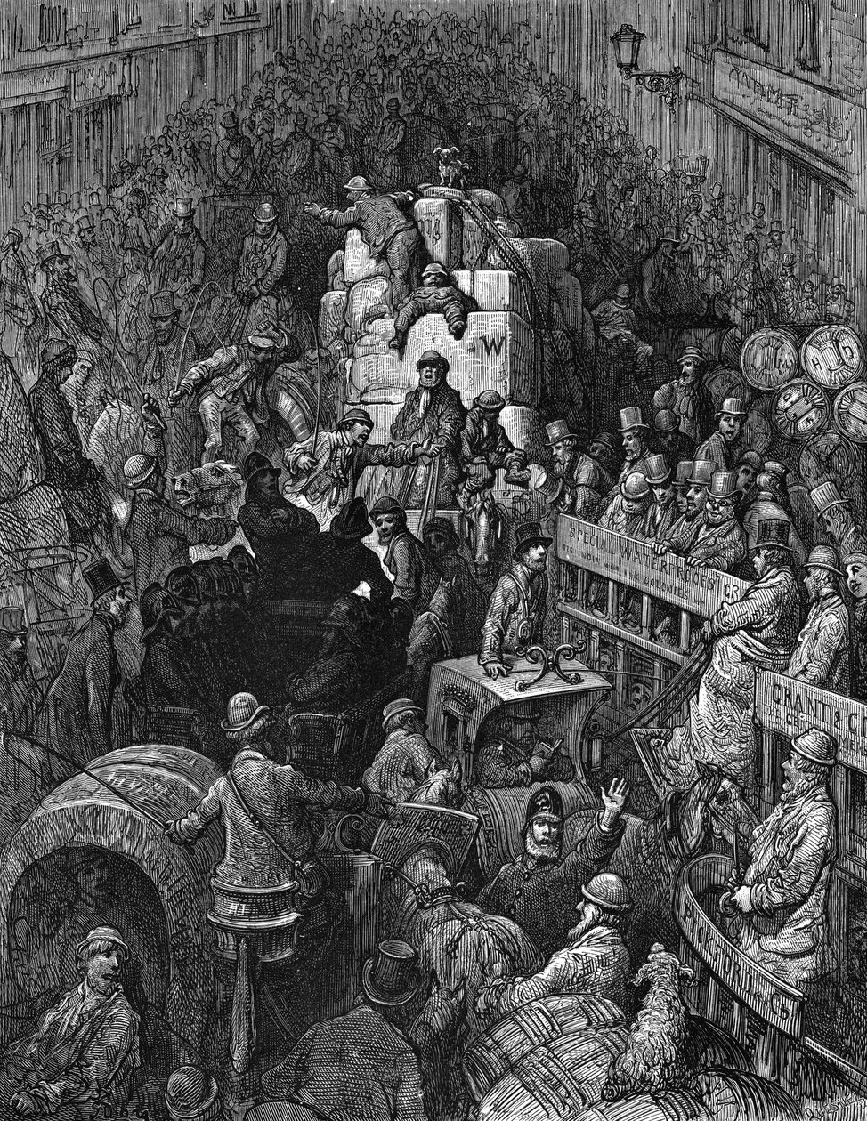 "A City Thoroughfare": Z Gustave Dore i Blanchard Jerrold London: A Pilgrimage London 1872. Scena chaotycznego ruchu ulicznego z londyńskim policjantem próbującym przywrócić ruch pojazdów. Drzeworyt. autorstwa Gustave Dore