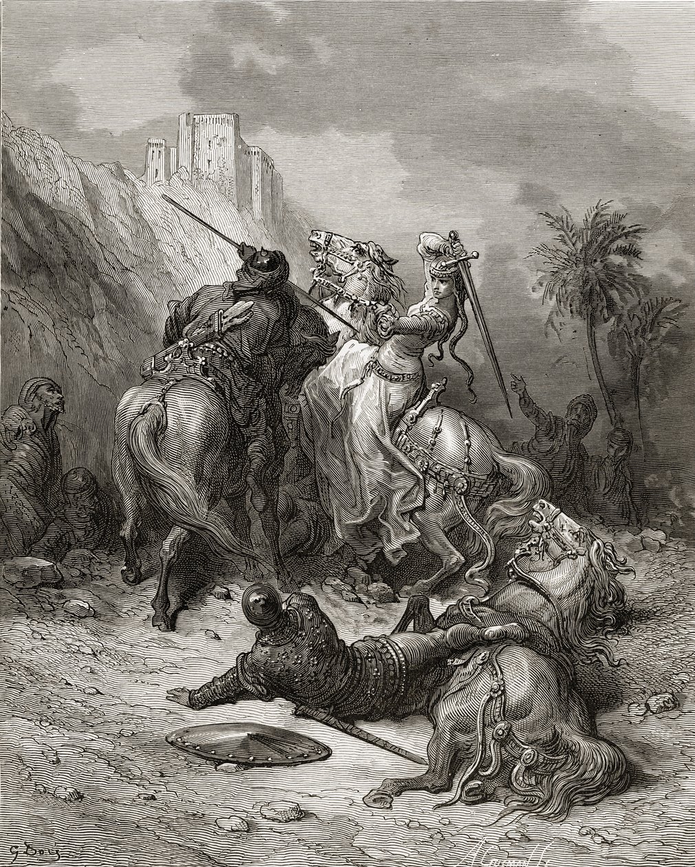Bohaterka Florine z Burgundii, ilustracja z „Bibliotheque des Croisades” J-F. Michaud, 1877 r. autorstwa Gustave Dore