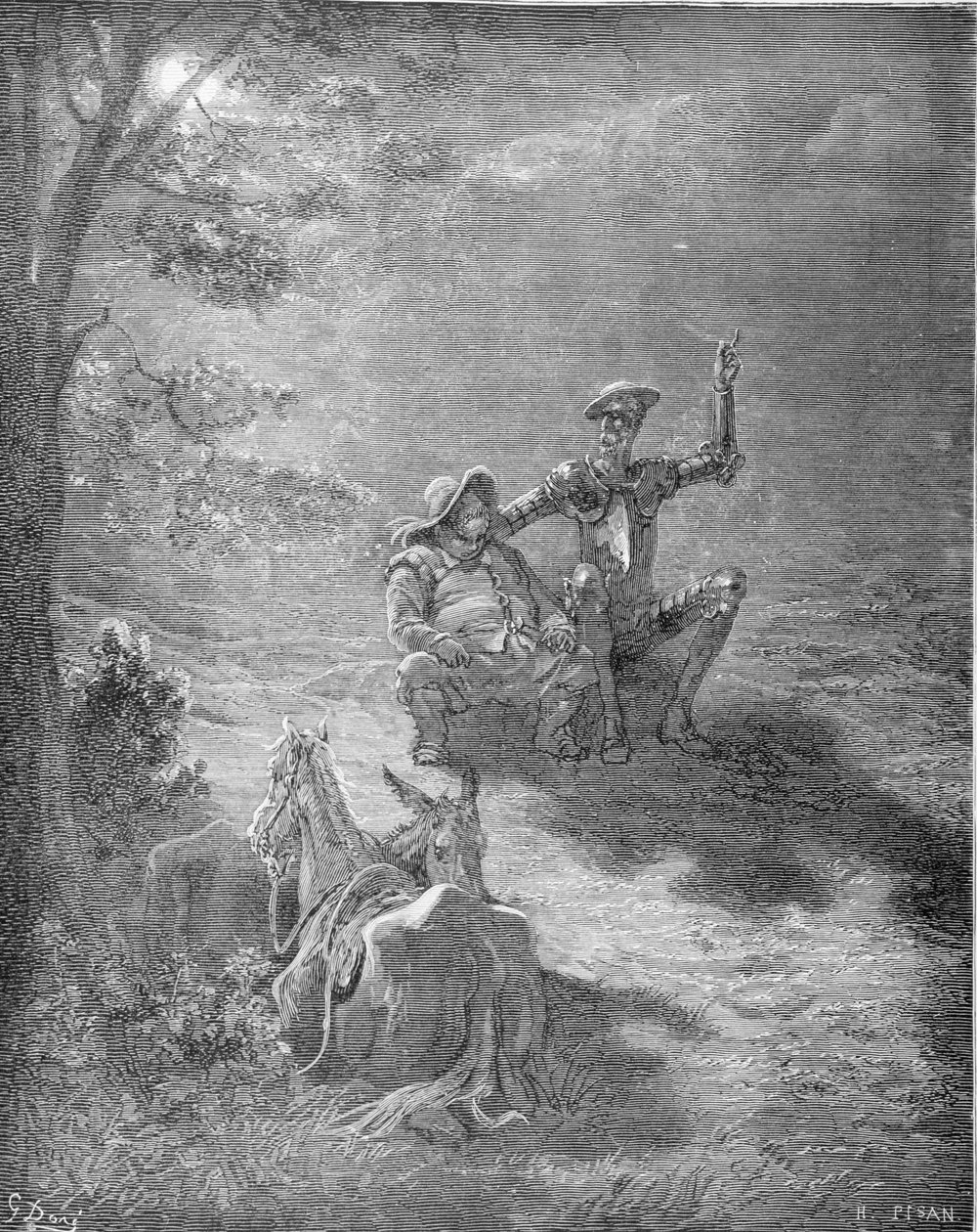 Nocna rozmowa, z "Don Kichota z Manczy" Miguela Cervantesa (1547-1616), rytowana przez Heliodora Josepha Pisana (1822-90), ok. 1868 r. autorstwa Gustave Dore