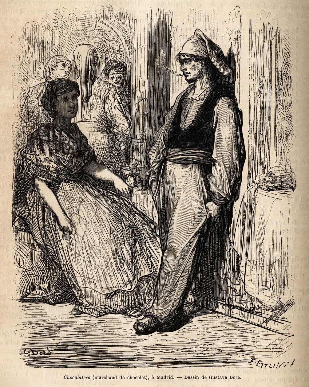 Handlarz czekoladą na świeżym powietrzu, szkic na żywo zrobione w Madrycie. Grawer Gustave Dore (1832-1883) ilustrujący jego podróż do Hiszpanii z Ch. Davillier (redaktor), w 1862, opublikowany w „” Le tour du monde””” 1869, pod redakcją Edouarda Chartona, autorstwa Gustave Dore