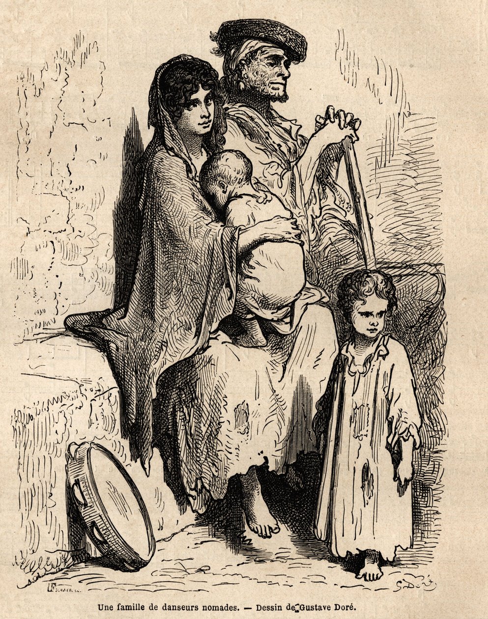 Rodzina koczowniczych tancerzy odpoczywających na ulicach Sewilli. Szkic wykonany na żywo przez Gustave Dore (1832-1883). Rycina ilustrująca podróż do Hiszpanii w 1862 r. autorstwa Charlesa Davilliera i Gustave