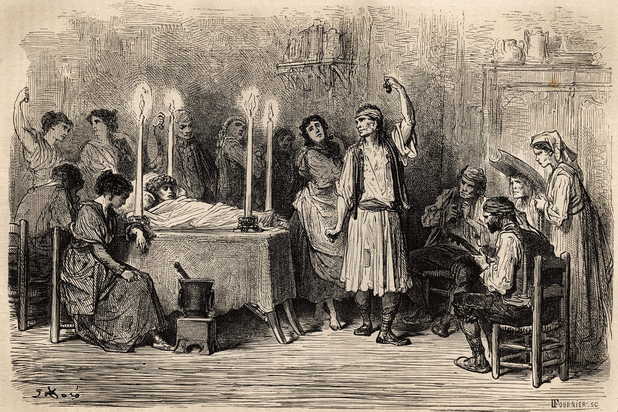 Taniec pogrzebowy podczas dnia pogrzebowego w Jijonas (prowincja Alicante). Szkic wykonany na żywo przez Gustave Dore (1832-1883). Rycina ilustrująca podróż do Hiszpanii w 1862 r. autorstwa Charlesa Davilliera i Gustave