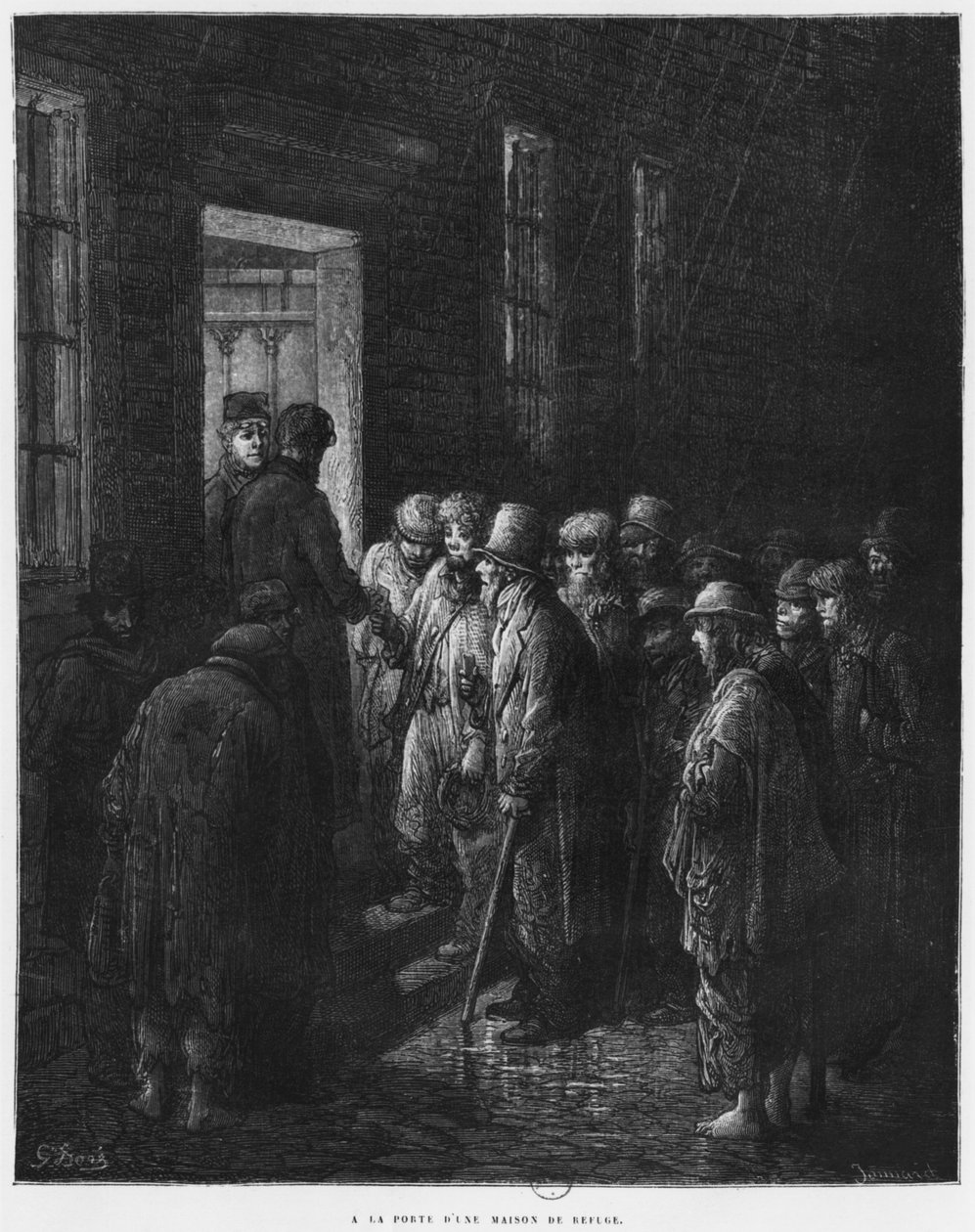 Dom schronienia, ilustracja z „Londynu” Louisa Enaulta (1824-1900) 1876, rytowana przez Paula Jonnarda-Pacela (zm. 1902) Paryż, Hachette autorstwa Gustave Dore