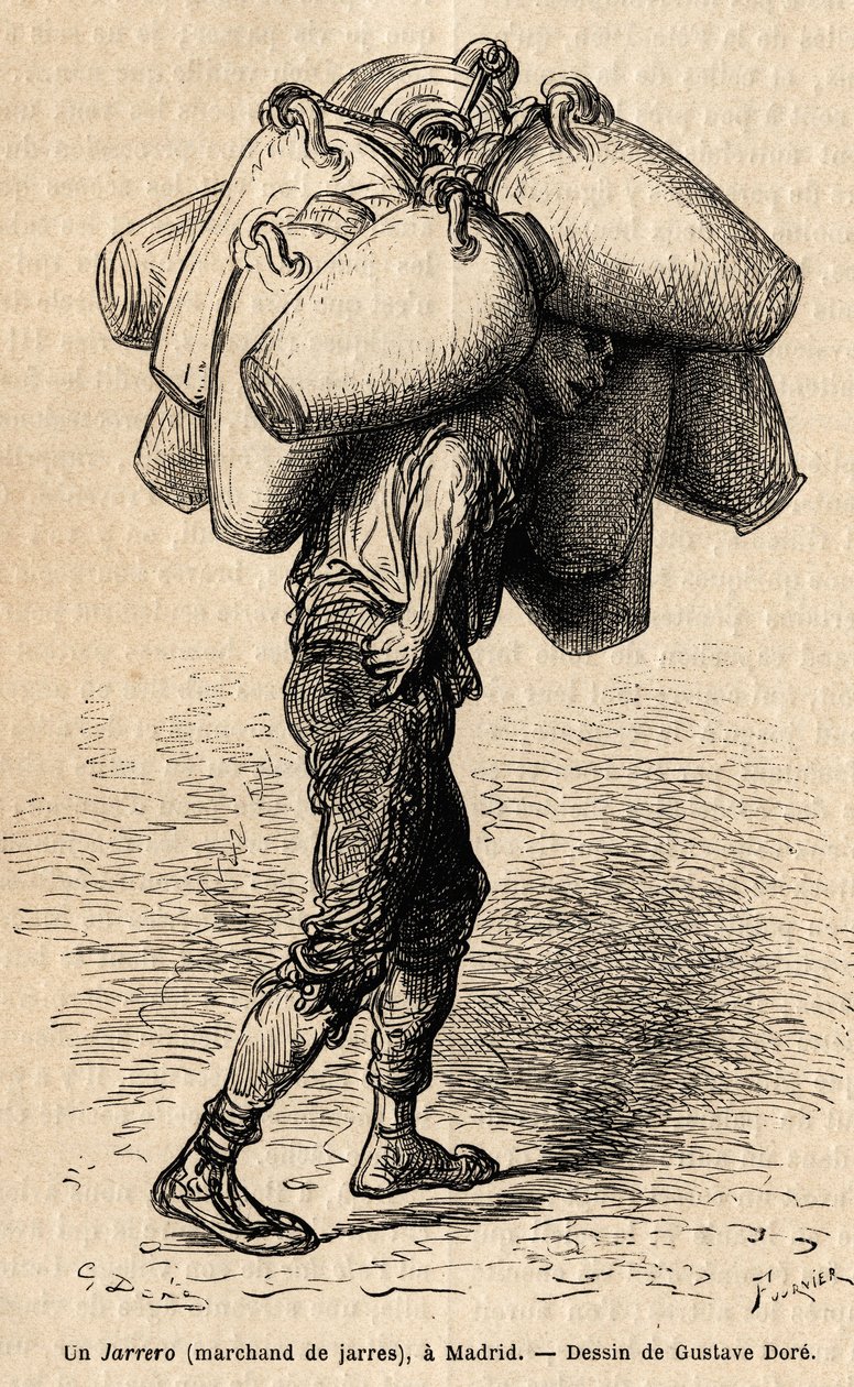 Handlarz słojami, szkic na żywo zrobionym w Madrycie. Grawer Gustave Dore (1832-1883) ilustrujący jego podróż do Hiszpanii z Ch. Davillier (redaktor), w 1862 r., opublikowany w „Le tour du monde”” 1869, red. Edouard Charton, wyd. Hachette, Paryż. autorstwa Gustave Dore