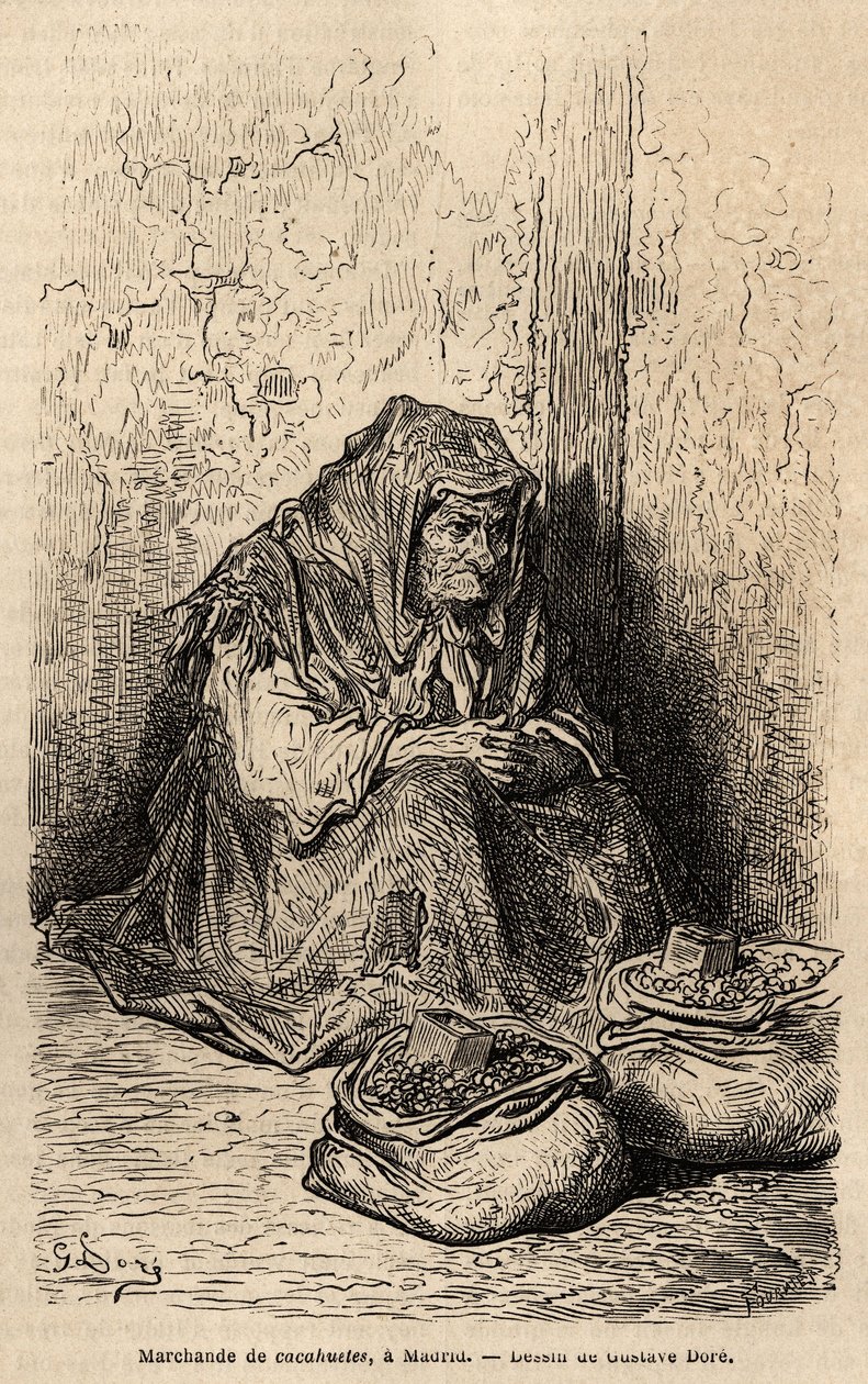 Sprzedawca orzeszków ziemnych, szkic na żywo na puerta del sol w Madrycie. Grawer Gustave Dore (1832-1883) ilustrujący jego podróż do Hiszpanii z Ch. Davillier (redaktor), w 1862, opublikowany w „” Le tour du monde””” 1869, pod redakcją Edouarda Chartona,  autorstwa Gustave Dore