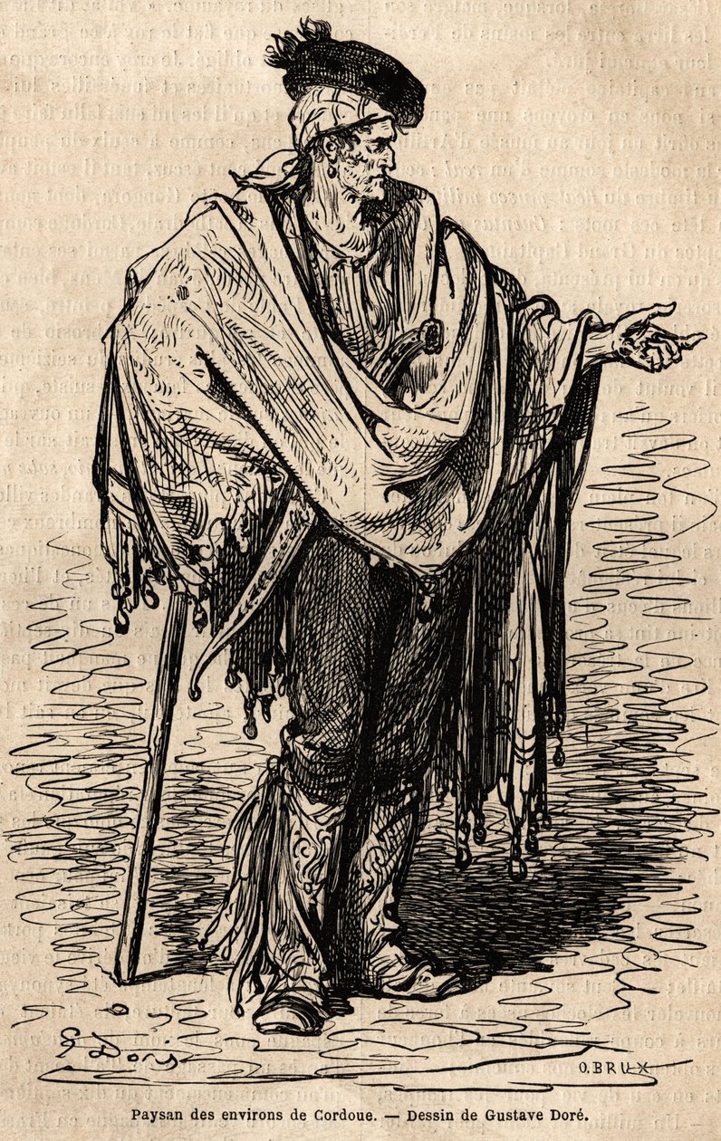 Chłop z regionu Cordoba. Szkic wykonany na żywo przez Gustave Dore (1832-1883). Rycina ilustrująca podróż po Hiszpanii, w 1862 r. autorstwa Charlesa Davilliera i Gustave