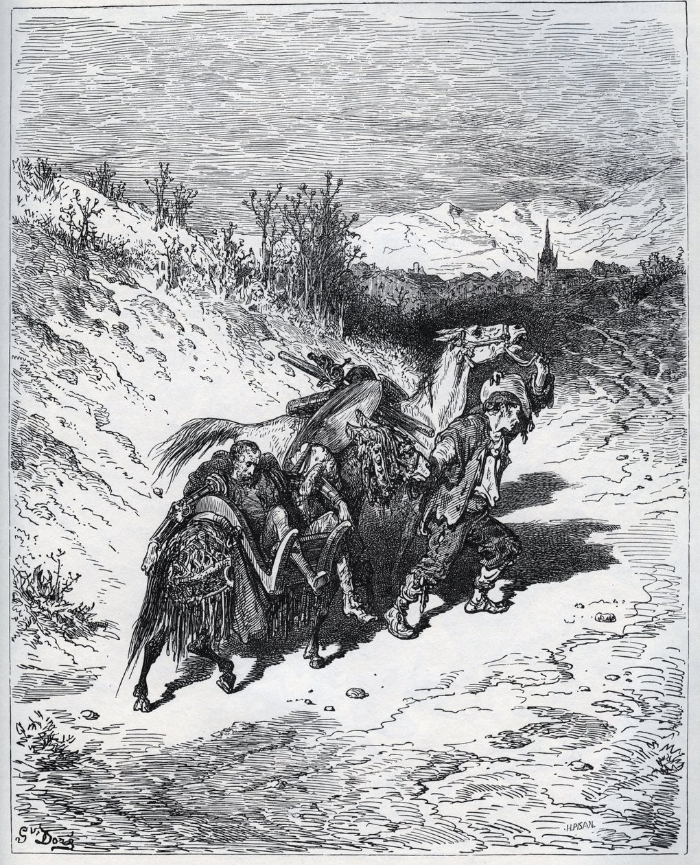 Orka sprowadza Don Kichota i Rossinante z powrotem do wioski - z „Don Kichota de la Mancha” Miguela Cervantesa autorstwa Gustave Dore