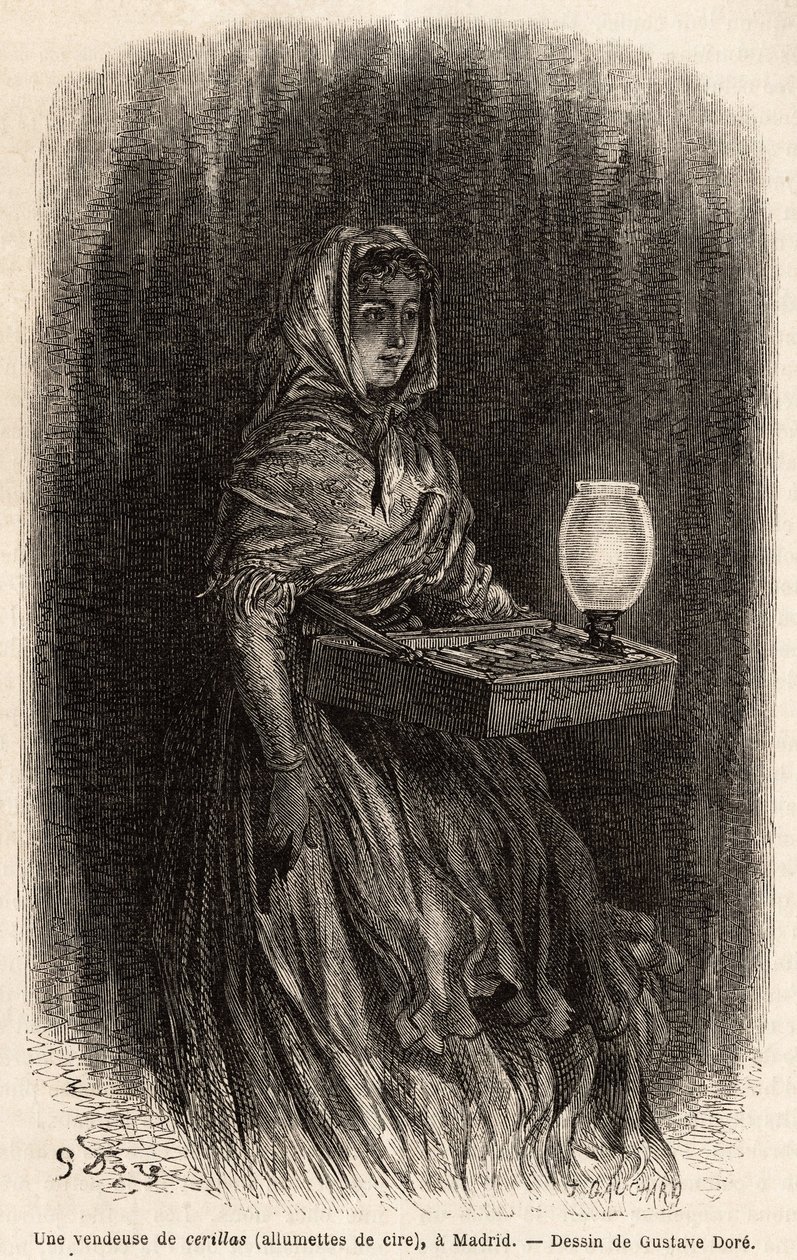 Sprzedawczyni woskowych zapałek, szkicuje na żywo na puerta del sol w Madrycie. Grawer Gustave Dore (1832-1883) ilustrujący jego podróż do Hiszpanii z Ch. Davillier (redaktor), w 1862 r., opublikowany w „”Le tour du monde”””1869, red. Edouard Charton, autorstwa Gustave Dore