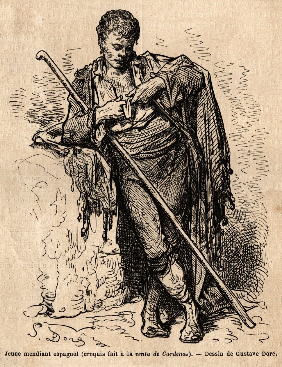 Młody żebrak, a la vente de Cardenas, zajazd przy drodze Almaden (prowincja Kanału). Szkic wykonany na żywo przez Gustave Dore (1832-1883). Rycina ilustrująca podróż po Hiszpanii w 1862 r. autorstwa Charlesa Davilliera i Gustave