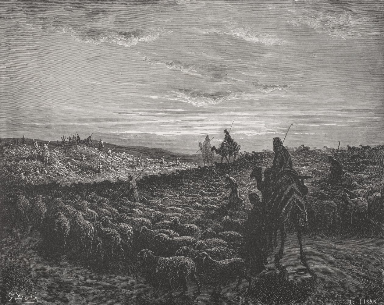 Abraham Journeying Into the Land of Kanaan, Genesis 13:1-4, ilustracja z "The Holy Bible" Dore