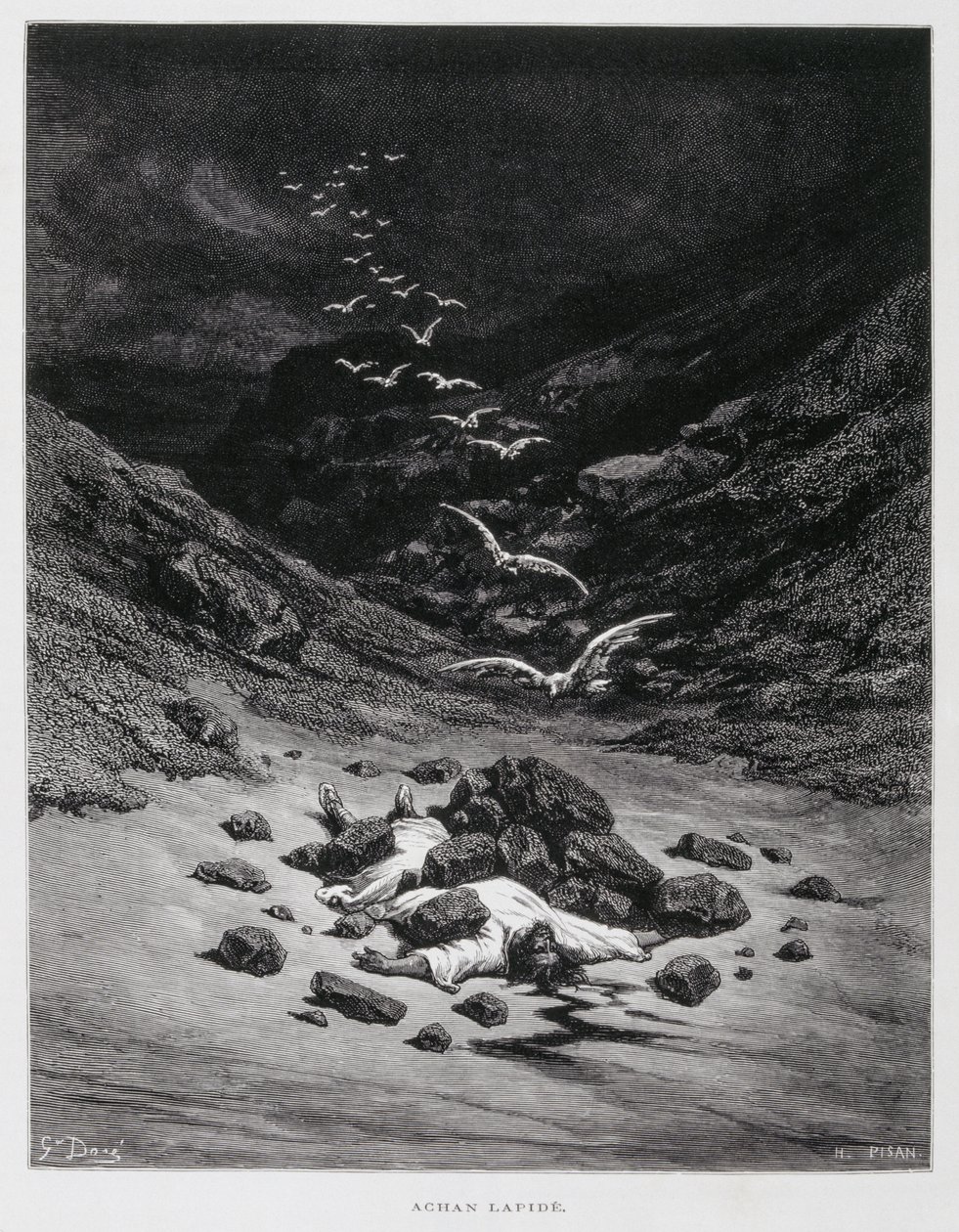 Achan został ukamienowany (Joz. 7:1,10-26), ilustracja z Biblii Dore