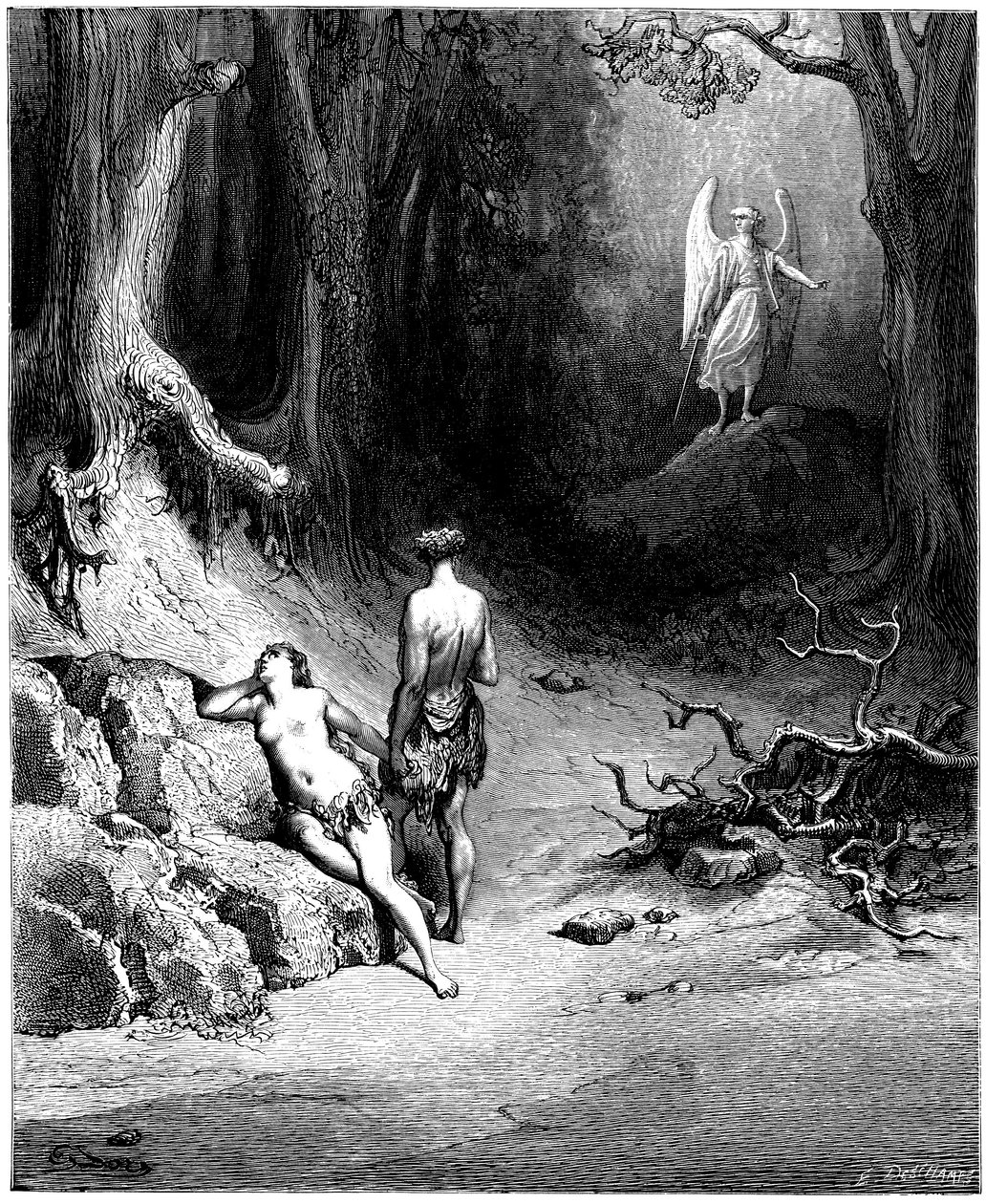 Adam i Ewa polują w raju. Ilustracja Gustave