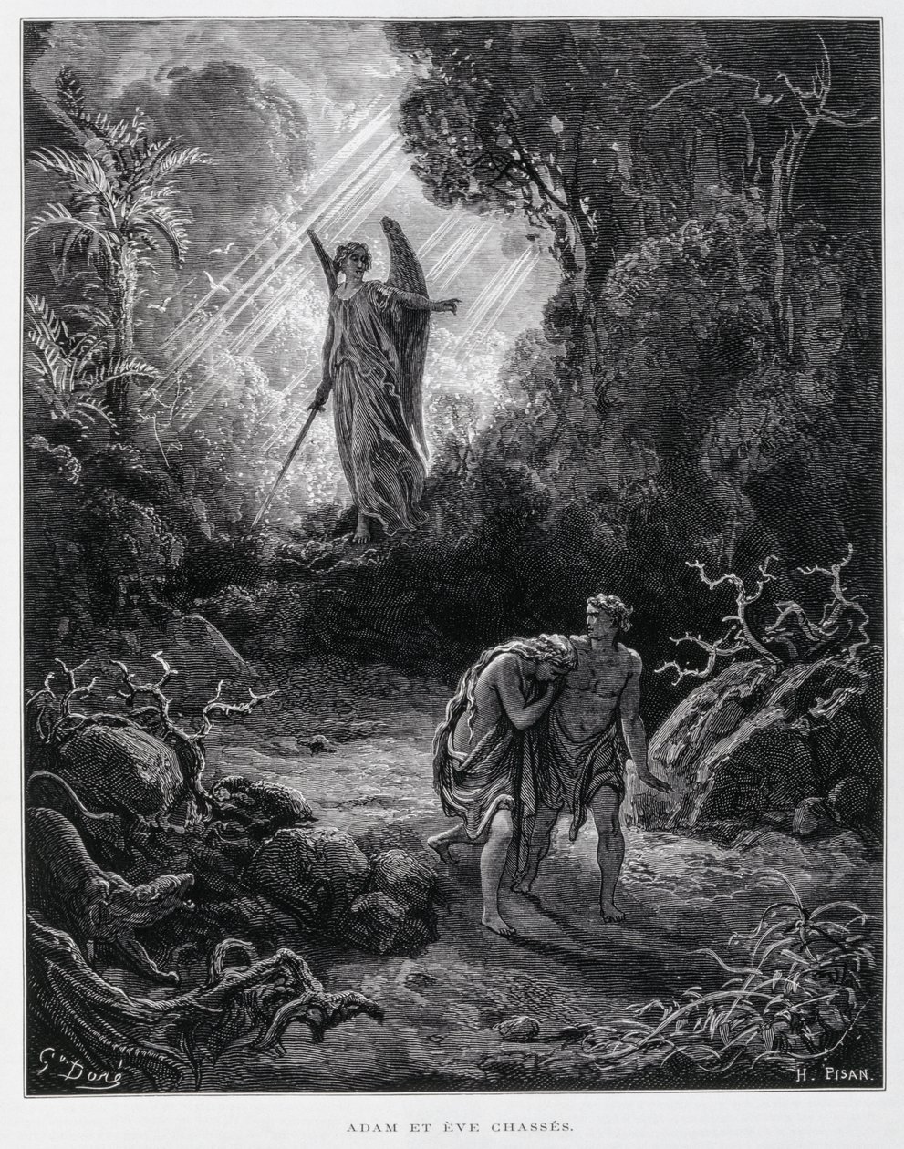 Adam i Ewa wygnani z ogrodu Eden przez anioła, ilustracja z Biblii Dore