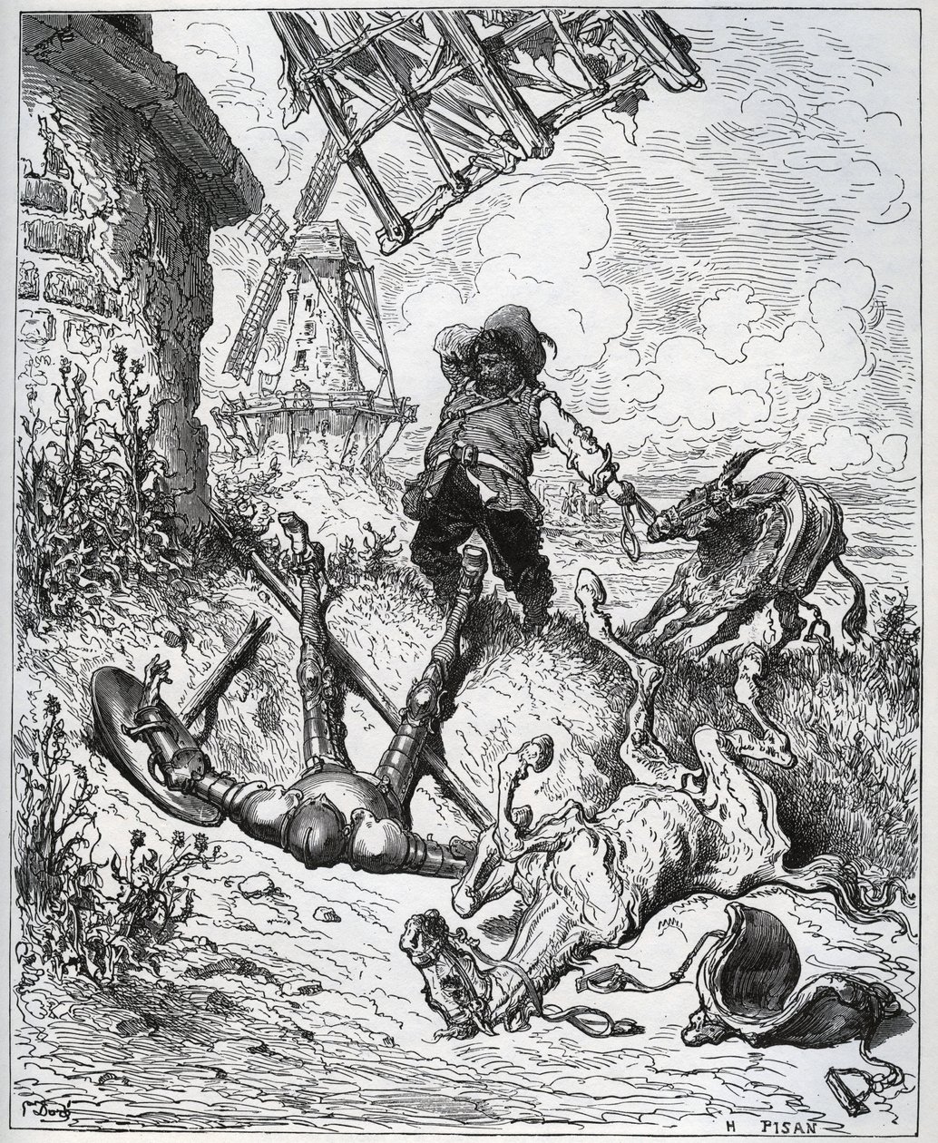 Po szturmie daje wiatraki - „” Misericorde! „” Sancho - z „” Don Kichot de la Mancha”” Miguela Cervantesa (1547-1616) (Don Kichot) - Drzeworyt wg rysunku Gustave