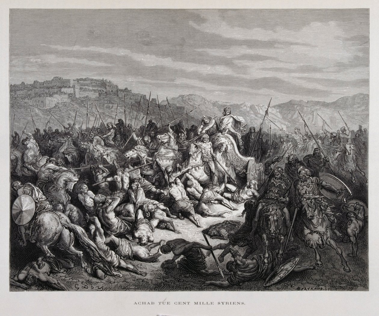 Achab walczy z Asyryjczykami w bitwie pod Qarqar, ilustracja z Biblii Dore