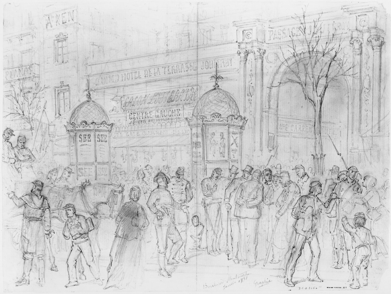 Album oblężenia Paryża, Boulevard Montmartre, styczeń 1871 (pióro und brązowy tusz i ołówek na papierze) autorstwa Gustave Dore