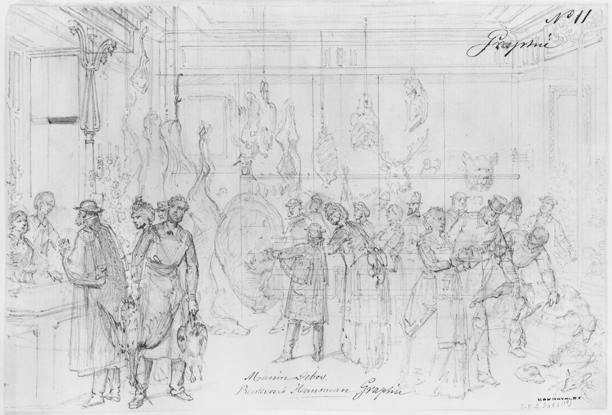 Album Oblężenia Paryża, Maison Debos, bulwar Haussmanna (mycie długopisem i brązowym tuszem oraz ołówek na papierze) autorstwa Gustave Dore