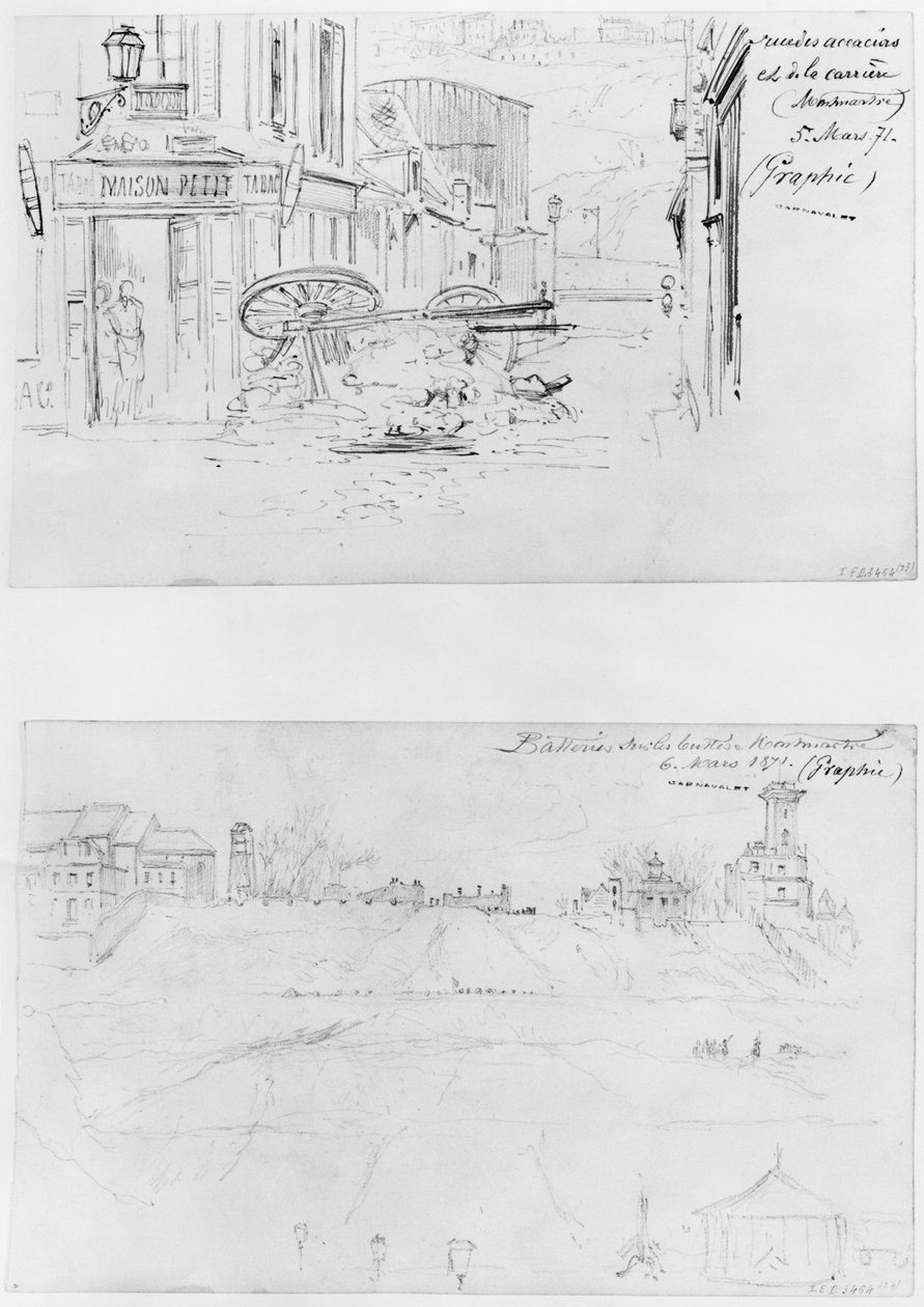 Album oblężenia Paryża, Rue des Acacias et rue de la Carriere 5 marca 1871, baterie na Buttes Montmartre 6 marca 1871 (pióro i brązowy tusz i ołówek na papierze) autorstwa Gustave Dore