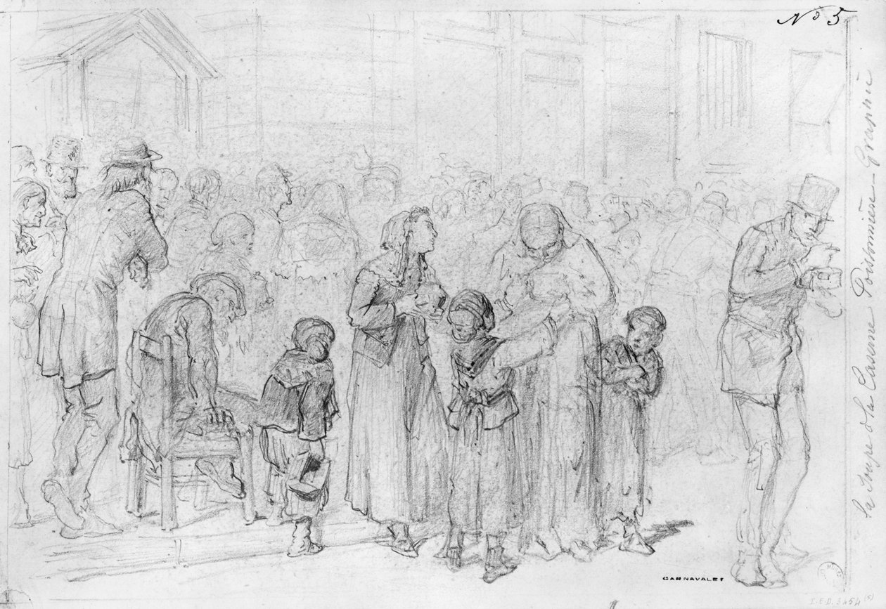 Album z oblężenia Paryża, zupa z koszar Poissonniere (pióro, brązowy tusz, ołówek na papierze) autorstwa Gustave Dore